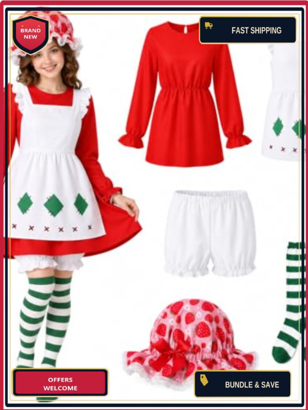 5 Pc Halloween Costume Set Dress Apron Bonnet Socks Shorts